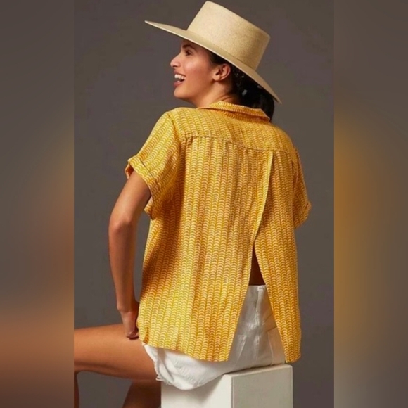ANTHROPOLOGIE MAEVE CLASSIC SURF SHIRT YELLOW MOTIF FLY AWAY BACK  - Picture 2 of 8